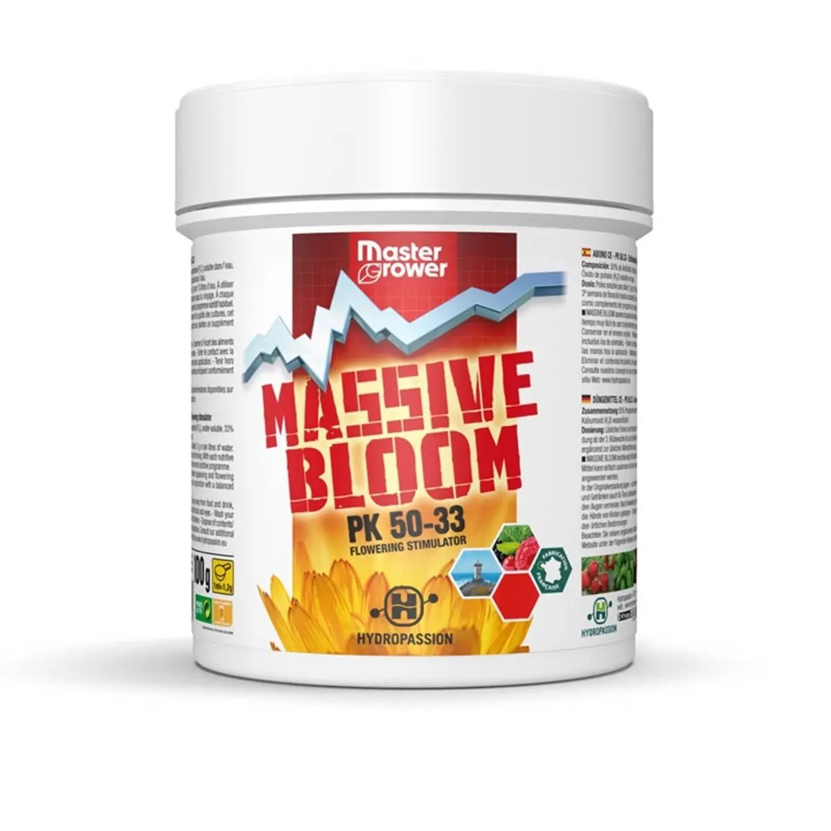 Engrais Hydropassion Massive Bloom 500g avec formule PK 50-33, idéal pour booster la floraison des plantes en culture intérieure ou extérieure.