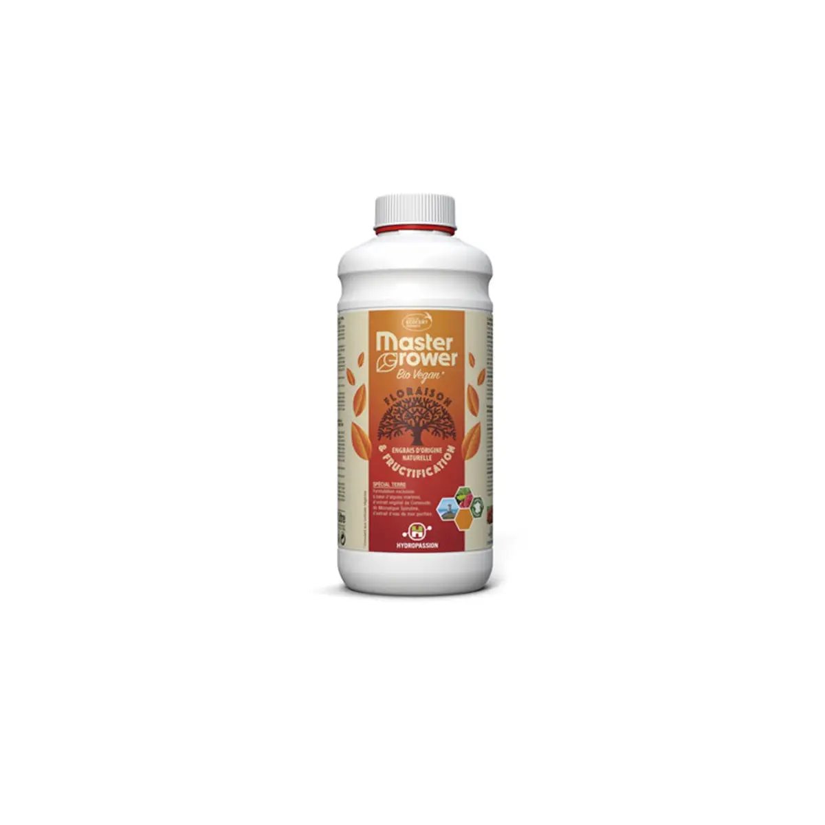 Flacon de 1L d'engrais Hydropassion Master Grower Bio Vegan Bloom pour floraison, enrichi en extraits d’algues, NPK 2-4-5, 100% organique.