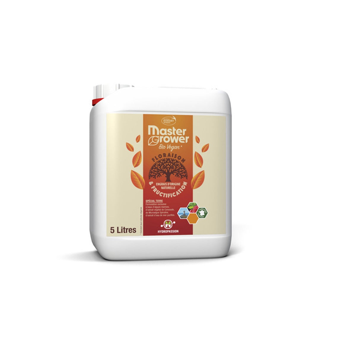 Hydropassion Bio Vegan Bloom 5L, engrais organique pour floraison abondante, bidon blanc avec étiquette rouge et beige, format 5 litres.