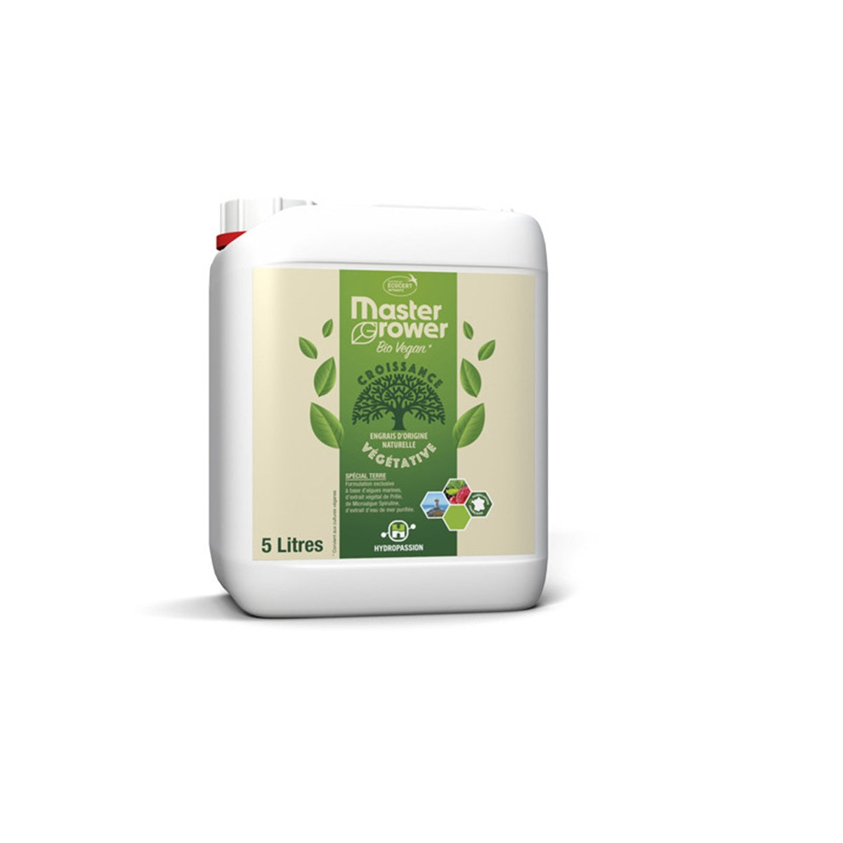 Engrais Bio Vegan Grow 5L Hydropassion pour culture indoor, favorise la croissance végétative des plantes. Produit organique disponible chez SauceGrowing.