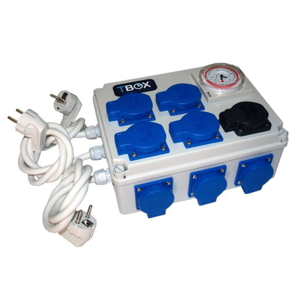 Minuterie analogique TBOX 12x600W avec prise chauffage, équipée de 12 prises bleues et d’un câble secteur, idéale pour lampes de culture.