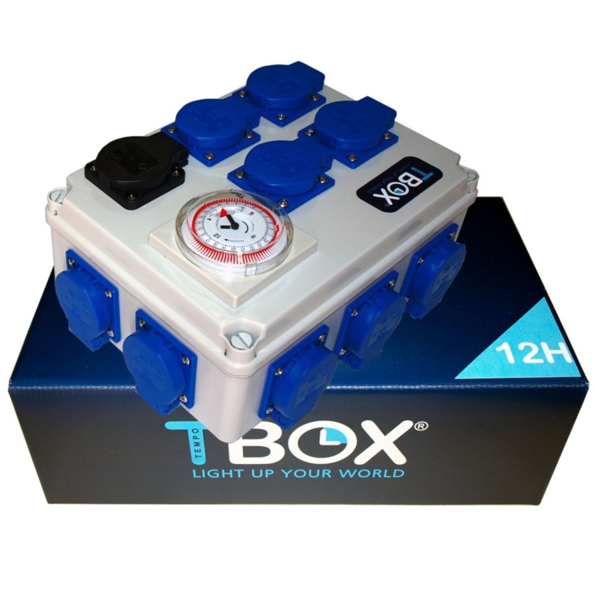 Minuterie TBOX 12x600W avec prise chauffage présentée sur son emballage, solution complète pour gestion de lampes de culture 12H.