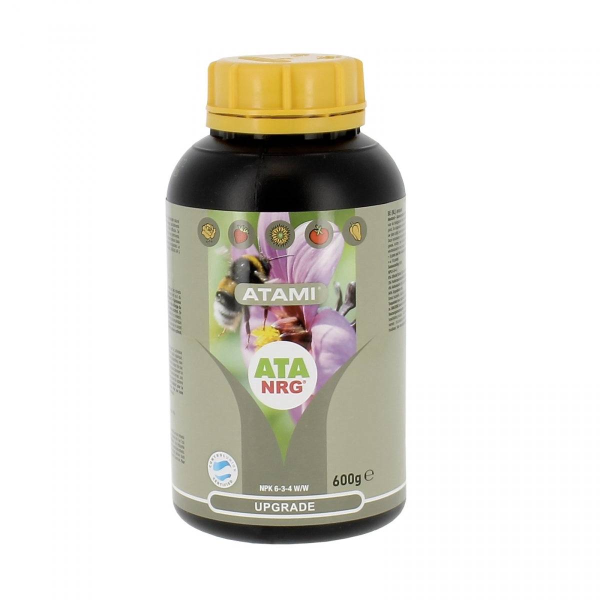 Engrais organique ATAMI ATA NRG UPGRADE 600gr en flacon noir avec bouchon jaune, idéal pour cultures en terreau ou fibre de coco.
