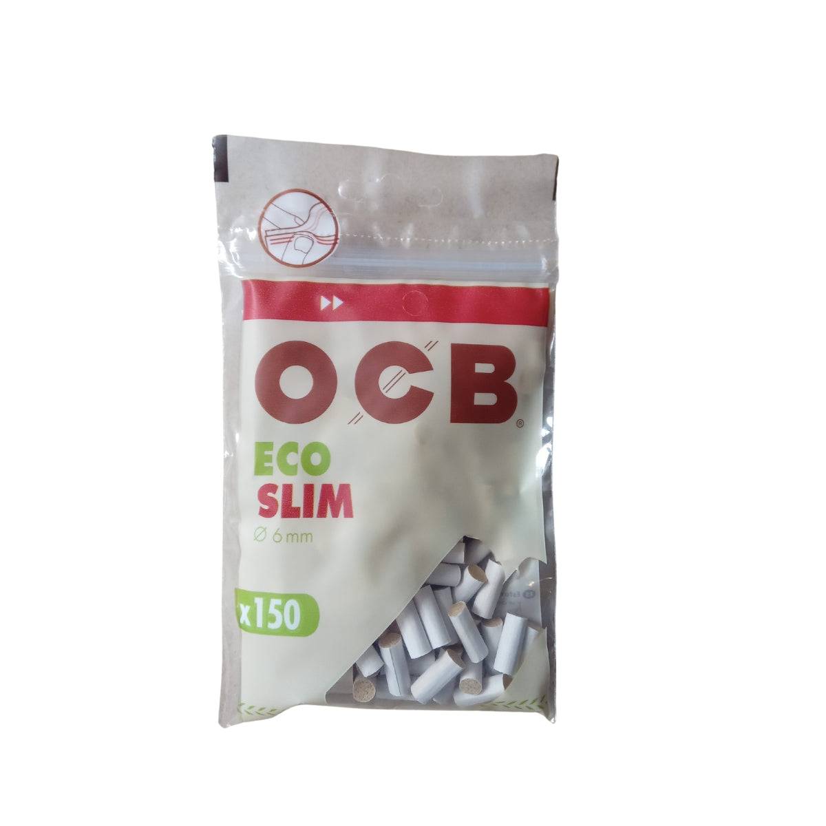 Filtre OCB ECO Slim 6mm et biodégradable en sachet refermable de 150 unités, accessoire écologique pour fumeurs dans la catégorie headshop.
