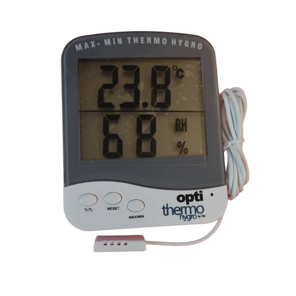 Thermomètre Hygromètre Premium avec Sonde de 1,5m affichant température et humidité sur écran digital, idéal pour tente de culture indoor.