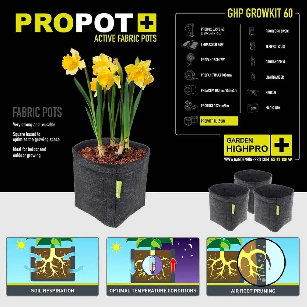 Pots en tissu PROPot+ inclus dans le kit Garden HighPro Growkit 60, favorisent la respiration des racines et la croissance saine.