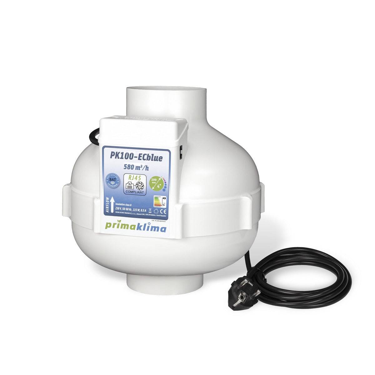 Extracteur d'air Prima Klima PK 100 ECblue 100mm avec débit de 580m3/h, ventilateur à pince écoénergétique pour ventilation indoor.