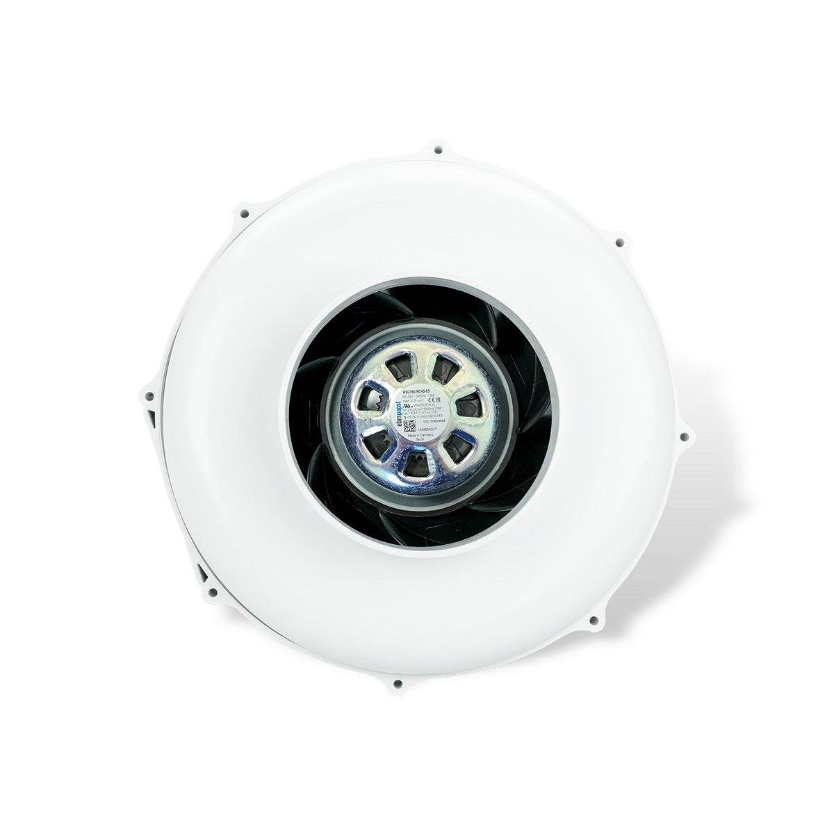 Vue intérieure du ventilateur de conduit Prima Klima PK 125 ECblue 125mm, moteur EC économe en énergie pour systèmes HVAC performants.