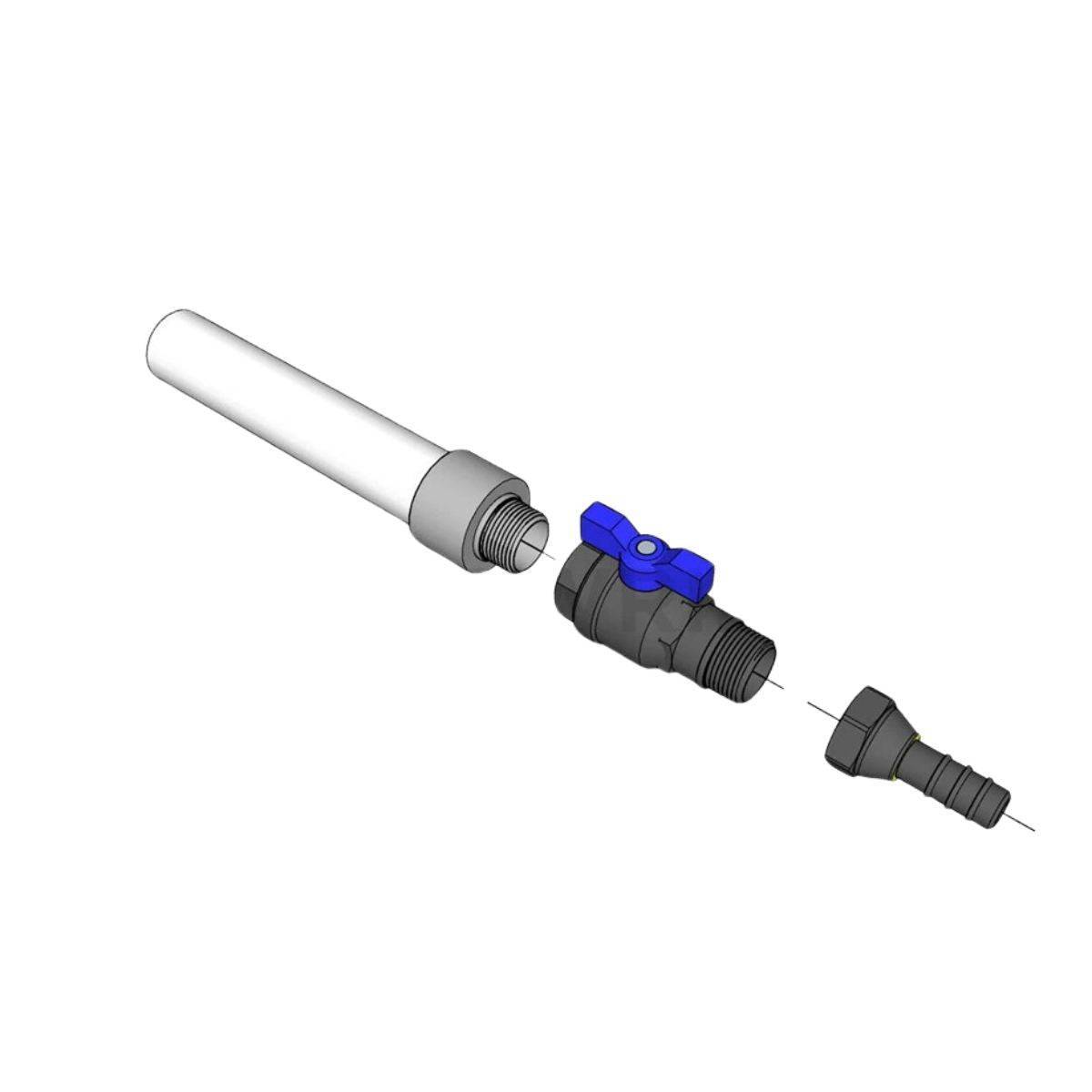 Raccord d'irrigation push-fit 32x16mm avec vanne Growrilla, vue éclatée montrant les composants pour tuyaux d'irrigation hydroponique.