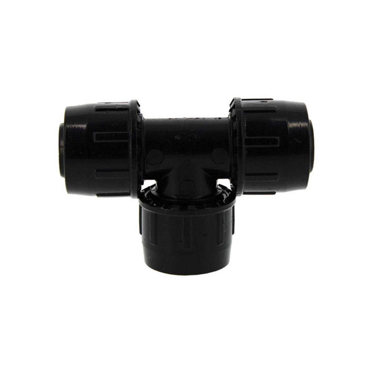 Raccord en T 25x25x25mm pour tuyaux PE, utilisé pour dériver le flux d'eau dans les systèmes d'irrigation agricoles et de jardinage.