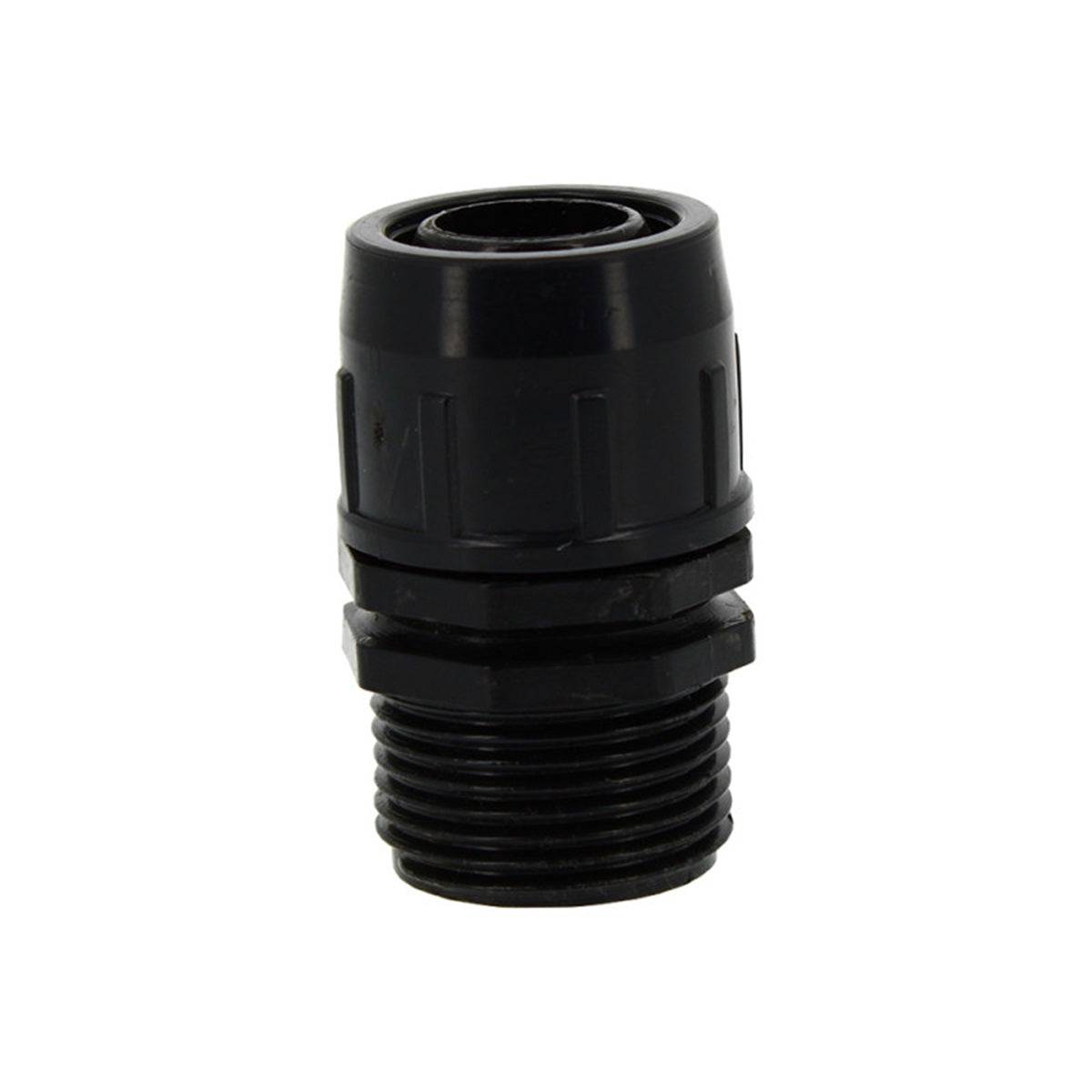 Raccord de robinet fileté 25-25 mm noir pour irrigation horticole, compatible avec tuyaux PE de 25 mm. Connecteur robuste pour système d’arrosage extérieur.