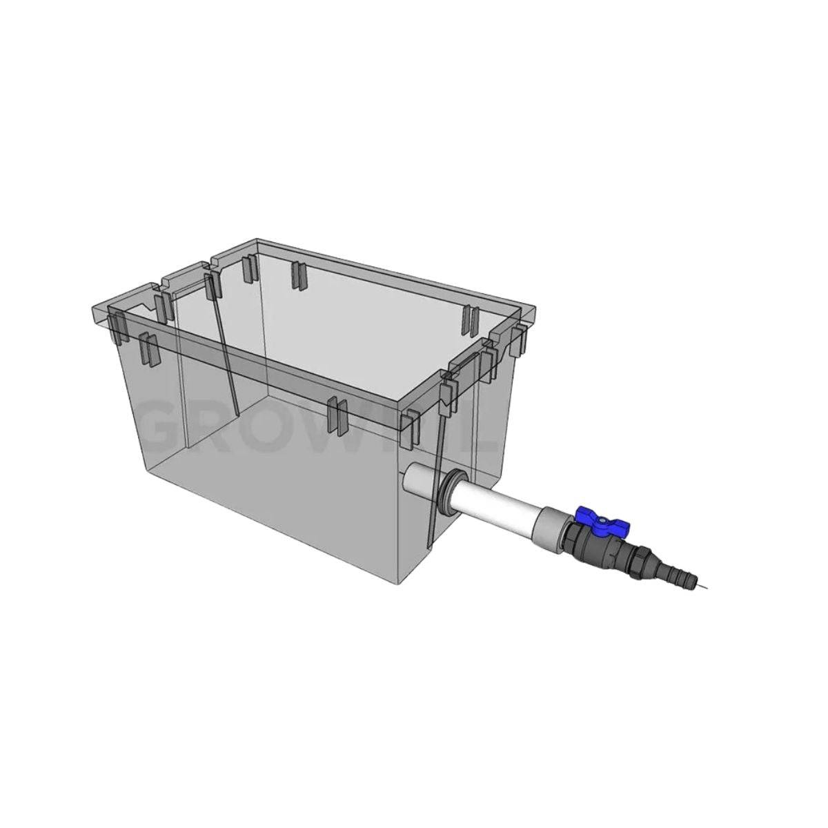 Installation du raccord push-fit 32x16mm avec vanne Growrilla sur un réservoir, idéal pour systÚmes d'irrigation hydroponique domestique.
