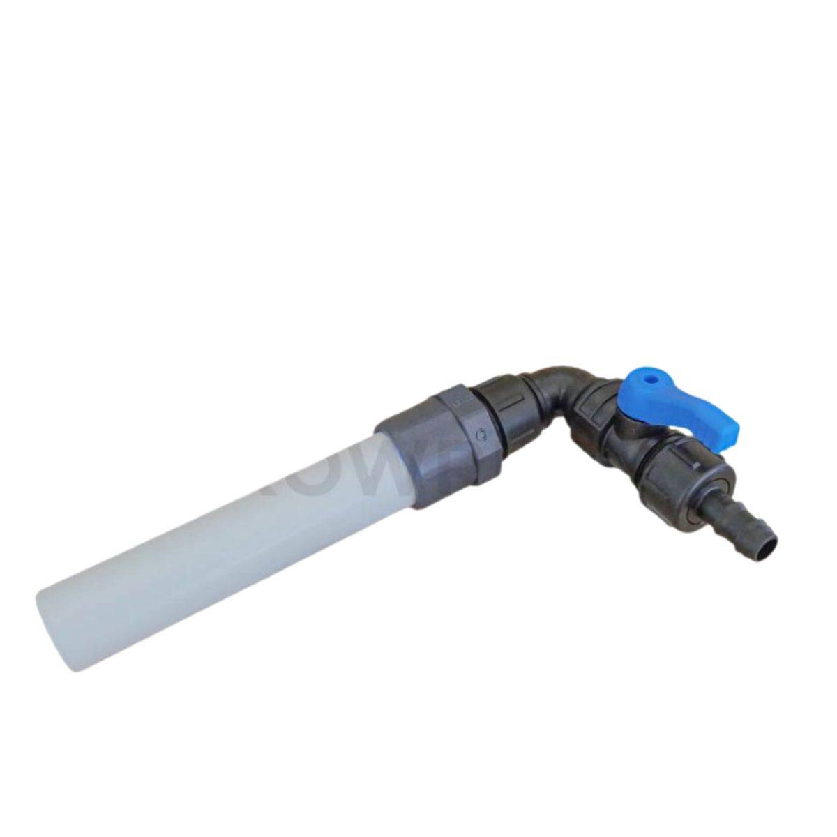 Raccord coude push-fit Growrilla 32x16mm avec vanne bleue, conçu pour tuyaux d'irrigation hydroponique en culture intérieure.