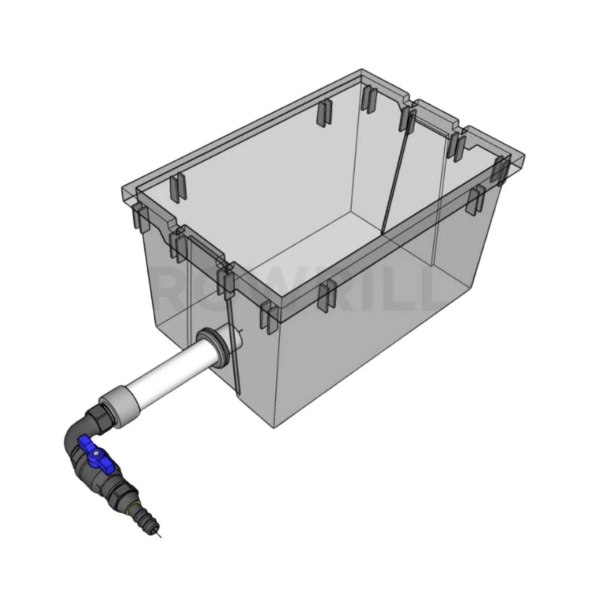 Montage de l'adaptateur coudé Growrilla 32x16mm sur bac RDWC, assurant une connexion fiable pour irrigation hydroponique.