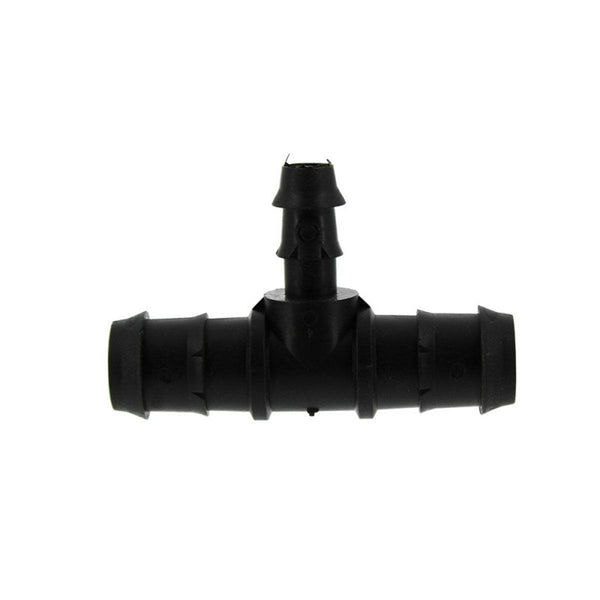Raccord T cannelé 16-25mm en plastique noir pour tuyaux PE, connecteur étanche idéal pour systèmes d'irrigation goutte à goutte.