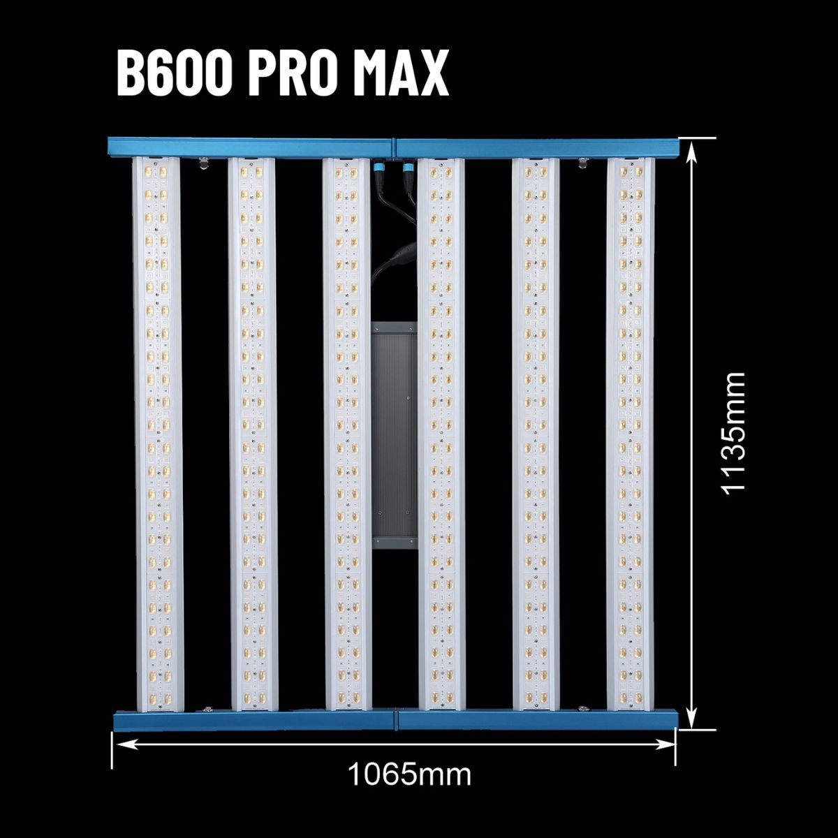 Dimensions de la lampe HortiSpectra B600 PRO MAX 720W LED : 1065 mm x 1135 mm, idéale pour tentes de culture 120x120 cm à 150x150 cm.