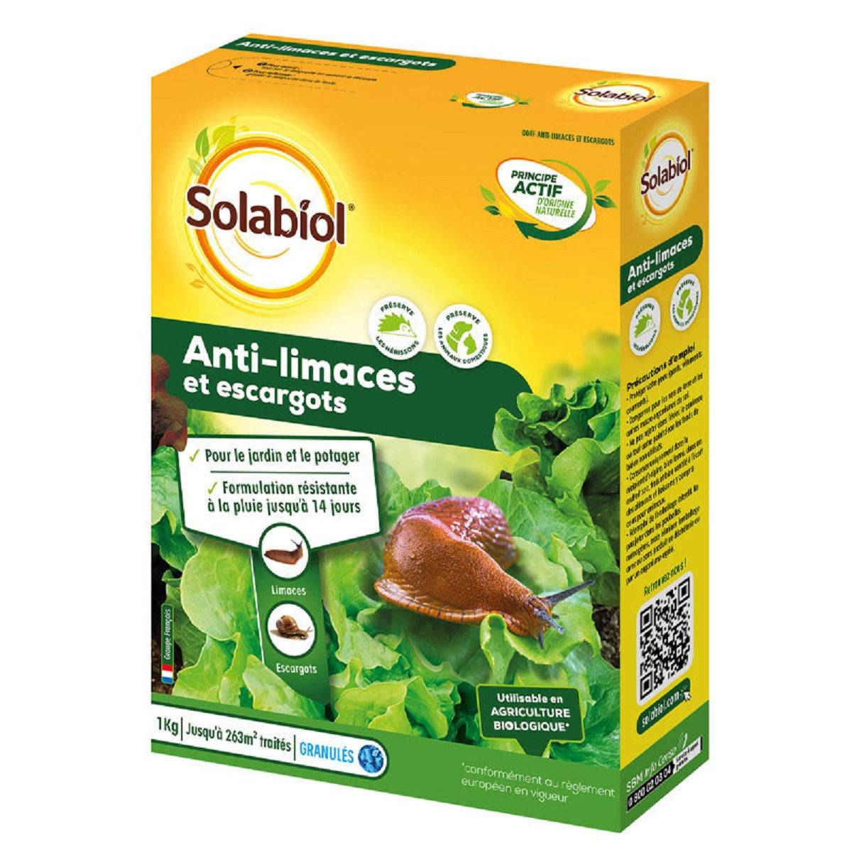 Anti limaces et escargots Solabiol en granulés de 1kg pour jardin et potager, efficace 14 jours même sous la pluie, à base de phosphate de fer.