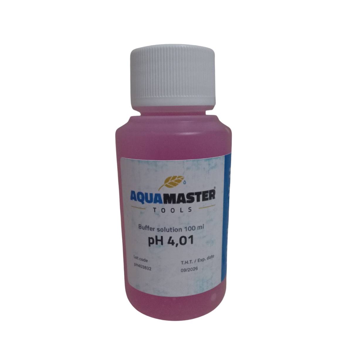 Solution de calibrage Aquamaster pH 4,01 - 100ml en flacon rose avec bouchon blanc, idéale pour l'étalonnage précis des testeurs de pH.