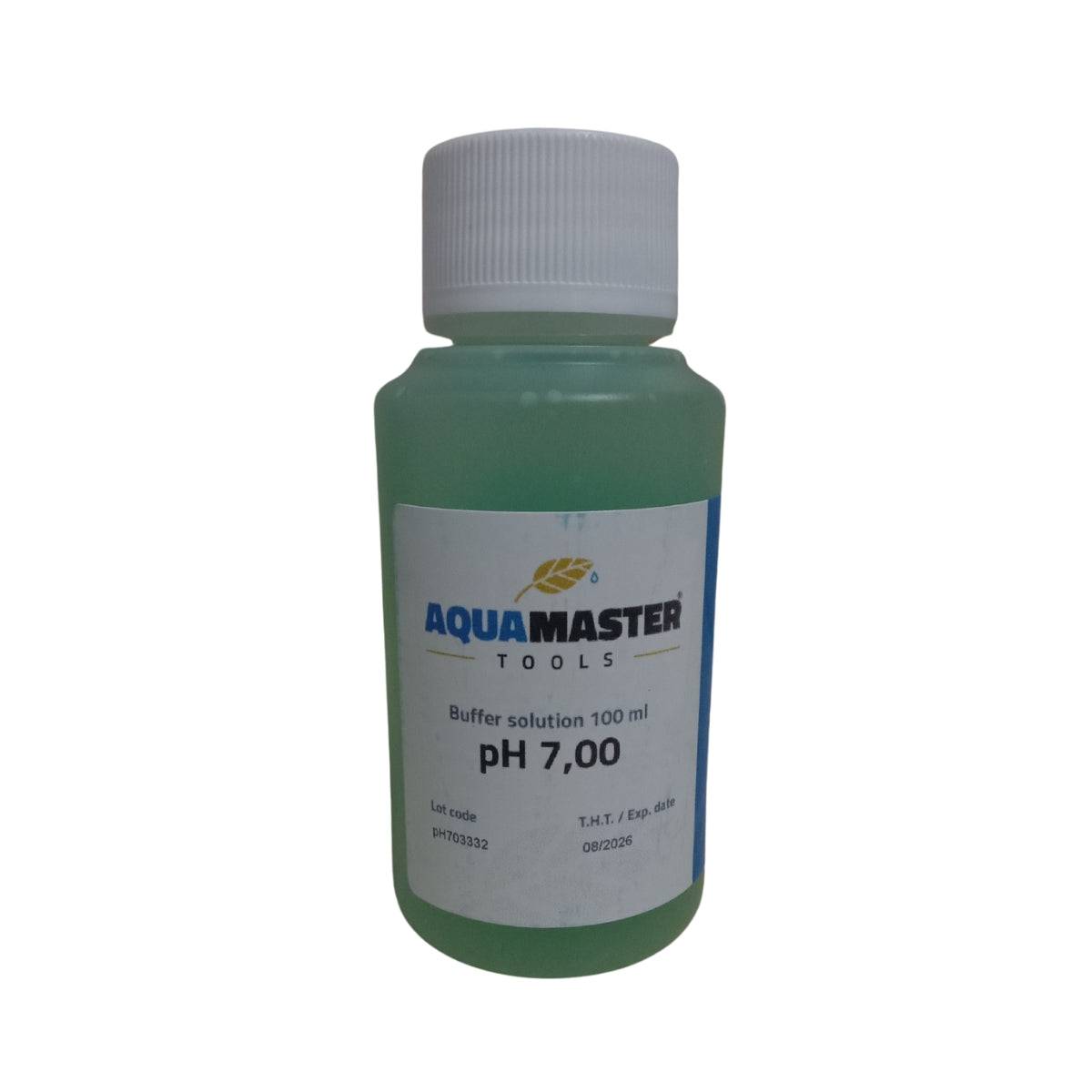 Solution de calibrage pour testeur Aquamaster pH 7,00 100ml en flacon plastique vert avec bouchon blanc, idéale pour l'étalonnage précis des testeurs de pH. Produit de la catégorie outils de mesure, essentiel pour garantir des résultats fiables.