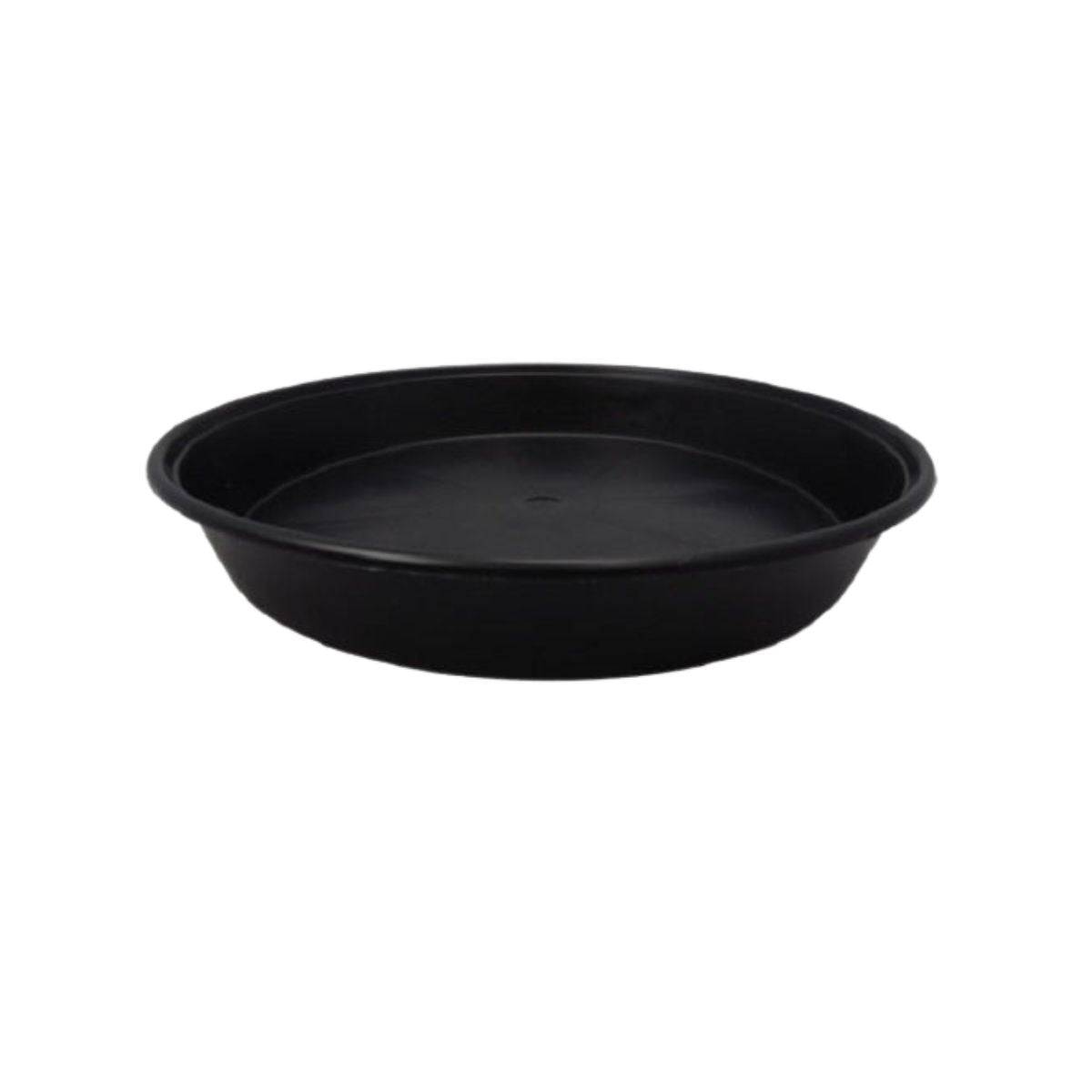 Soucoupe Ronde de 50cm pour pot de jardinage noire en plastique robuste, idéale pour le drainage des pots géotextiles et classiques.