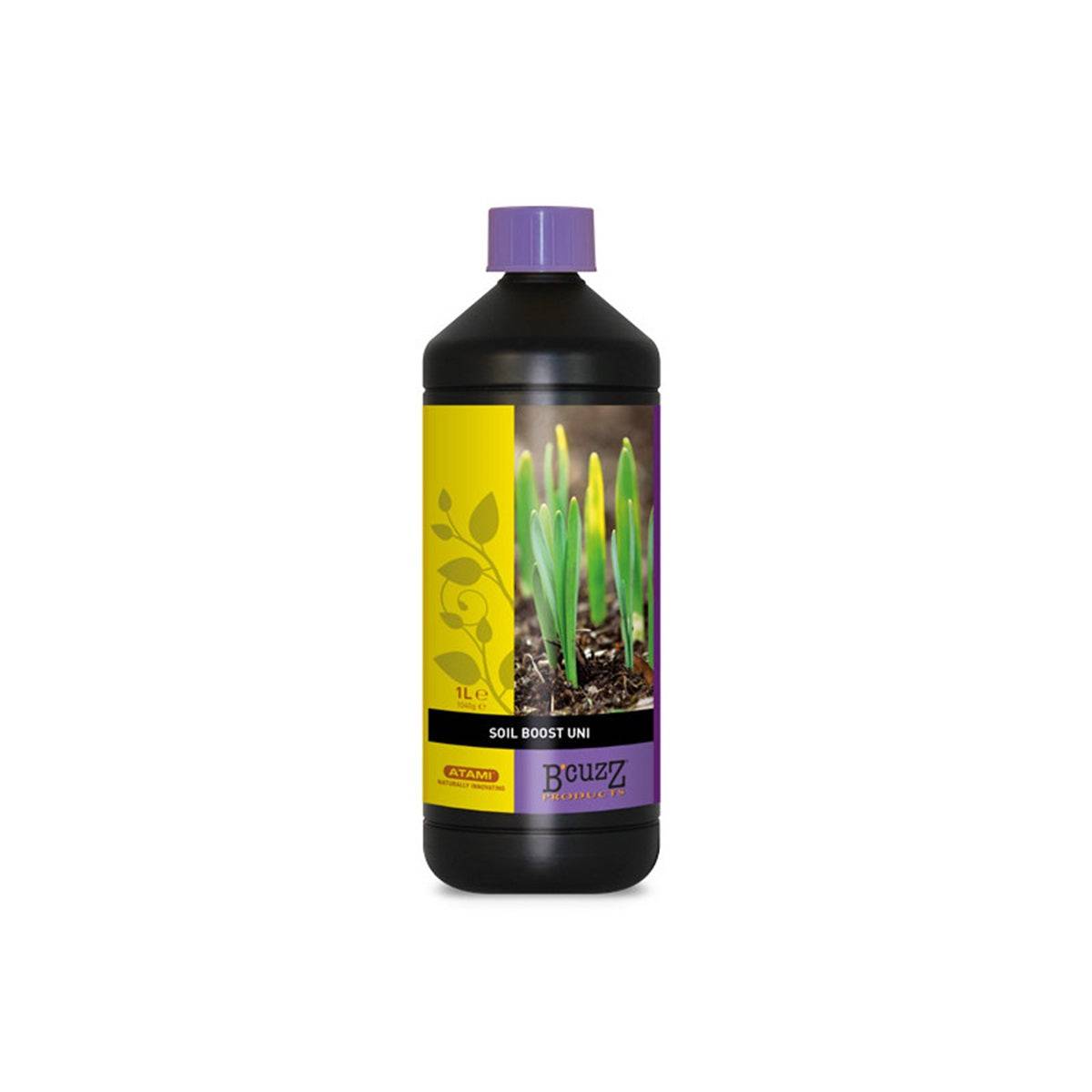 Stimulateur ATAMI B'cuzz Soil Booster Universal 1l pour croissance des plantes, engrais enrichi en azote pour jardinage domestique.