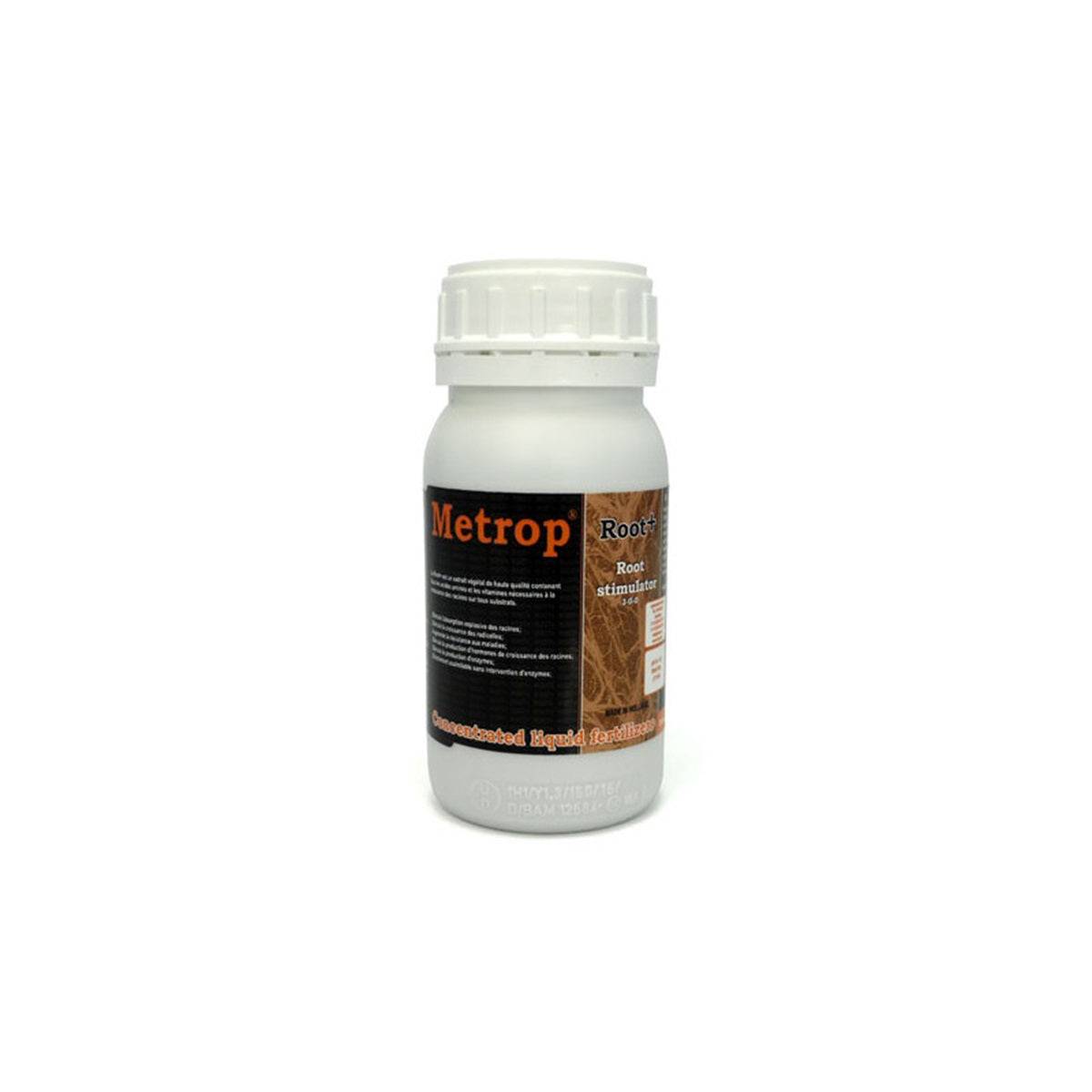 Flacon de 250ml de stimulateur de racines Metrop Root+ pour engraisser les plantes, idéal pour booster la croissance racinaire en jardinage domestique.