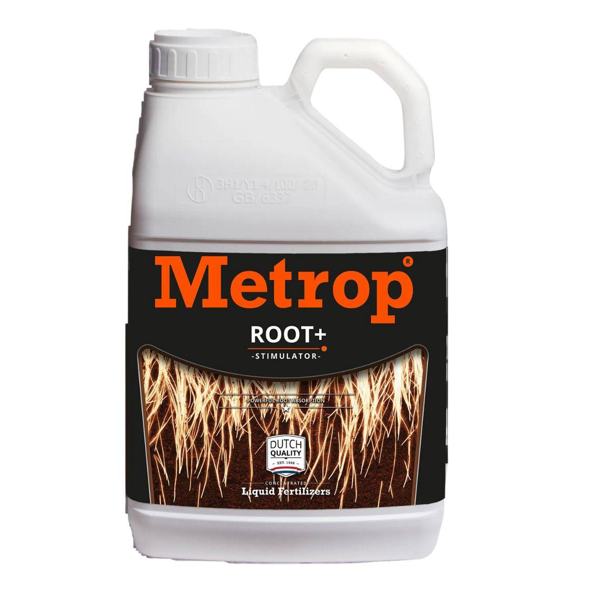 Stimulateur de racines Metrop Root+ 5 litres en bidon blanc avec étiquette noire et orange, idéal pour booster la croissance racinaire des plantes. Engrais liquide concentré pour jardinage intensif et culture en intérieur ou extérieur.