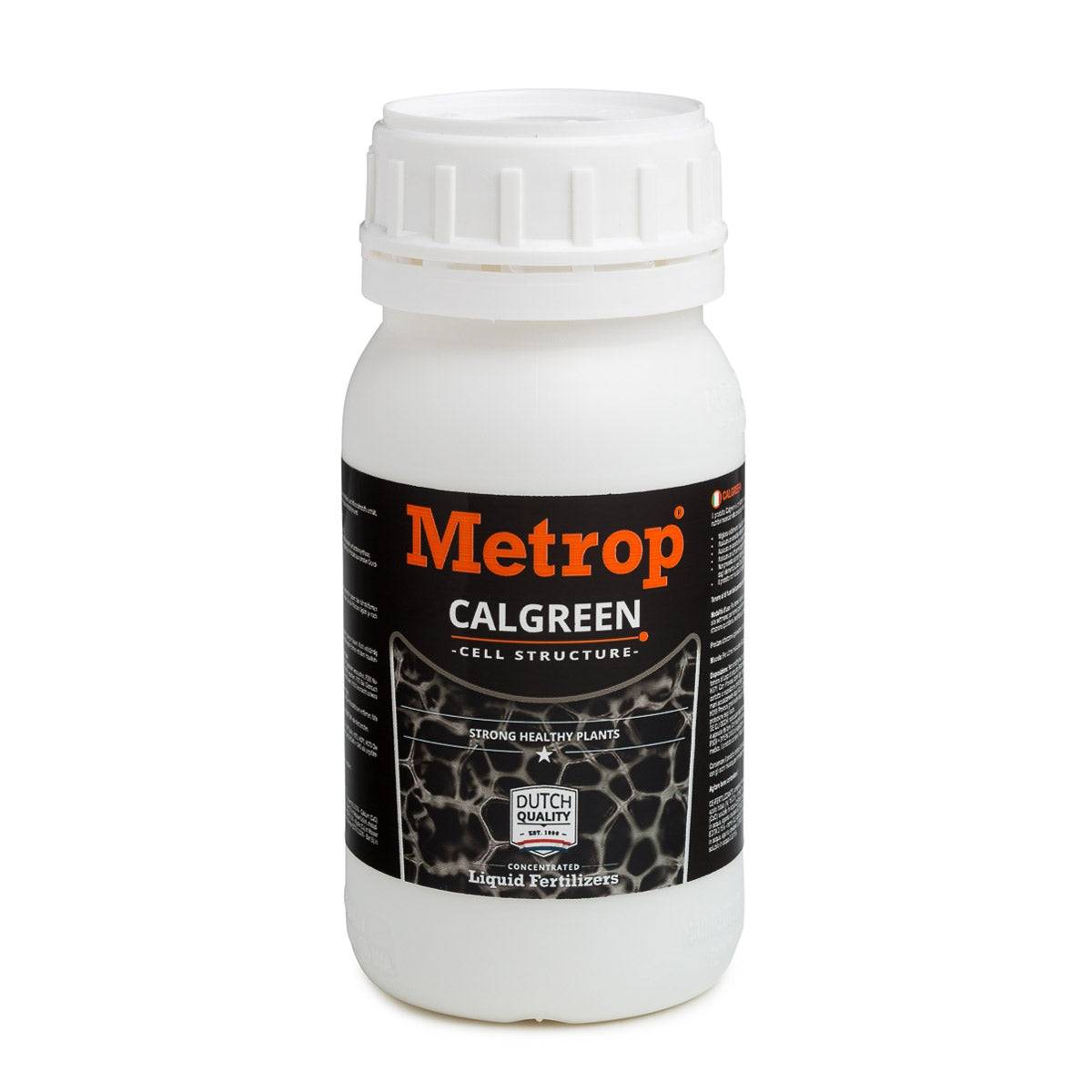 Flacon de 250ml d'engrais Metrop Calgreen pour la croissance des plantes, enrichi en calcium et azote, idéal pour culture indoor. Étiquette noire avec logo orange.