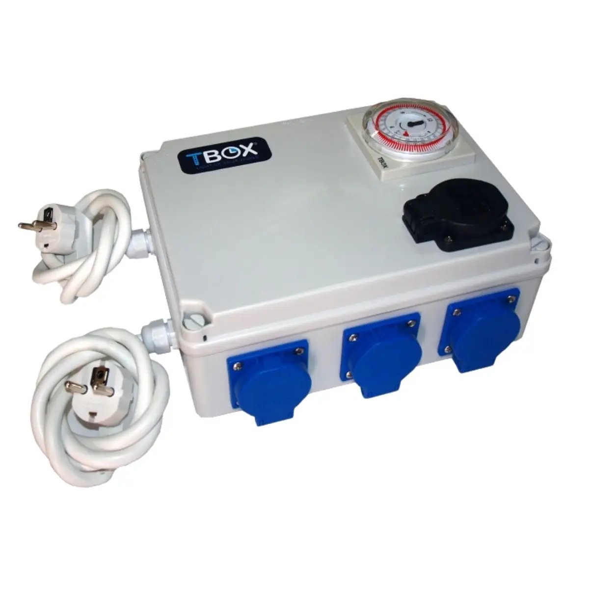 Minuterie analogique TBOX 6x600W avec prise chauffage, boßtier robuste avec 6 prises bleues pour lampes de culture indoor et cùble secteur intégré.