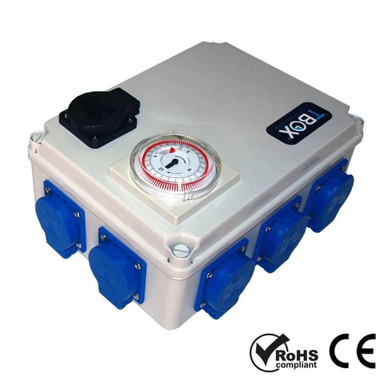 Minuterie TBOX 8x600W avec prise chauffage, conforme CE et RoHS, conçue pour contrôler l’éclairage et stabiliser la température.