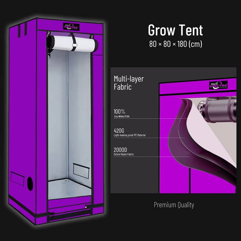 Tente de culture HortiSpectra 80x80x180 cm en tissu multicouche PE et nylon 200D, idéale pour culture en intérieur avec haute réflectivité.
