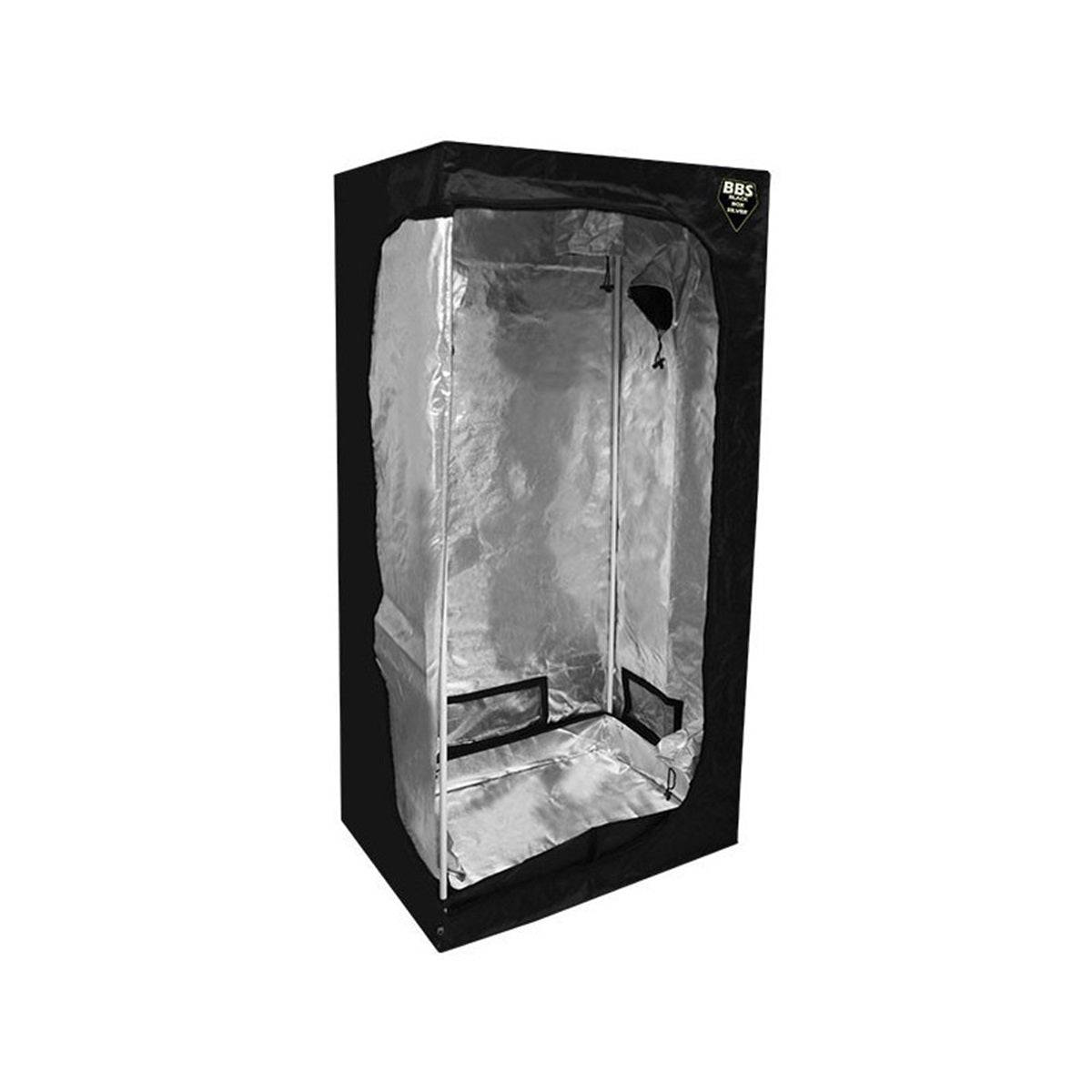 Chambre de culture Blackbox Silver V2 de 90x60x180cm avec revêtement intérieur réfléchissant, idéale pour la culture indoor sur Saucegrowing.