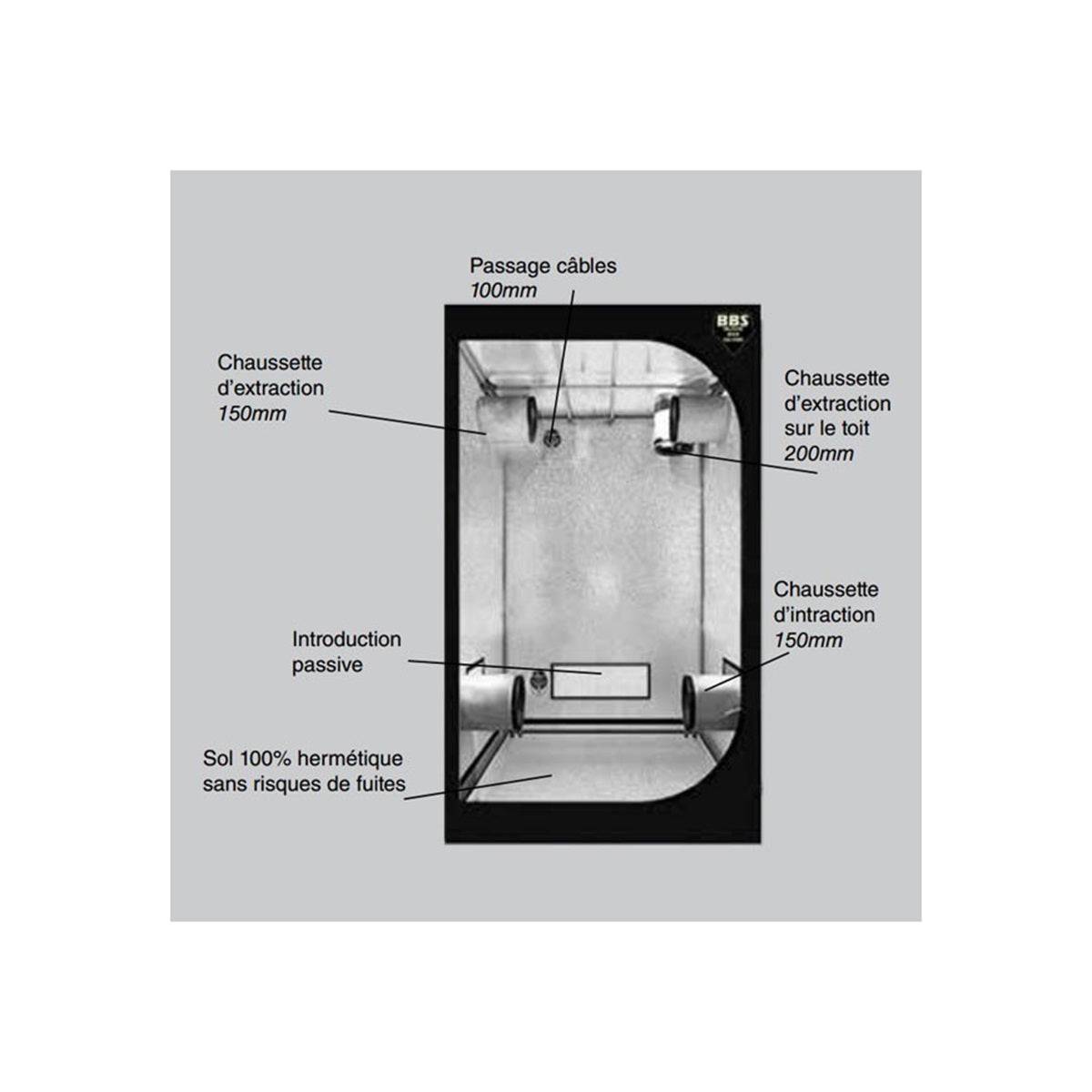 Schéma technique de la Blackbox Silver V2 90x60x180cm montrant les chaussettes d’extraction, d’intraction et les ouvertures pour câbles.