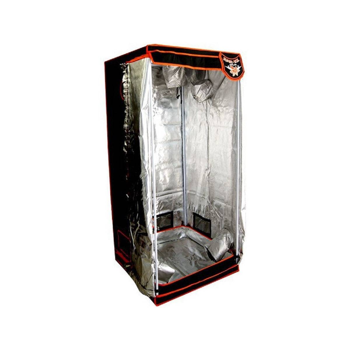 Chambre de culture Superbox 80x80x180cm ouverte montrant l’intérieur Mylar réfléchissant et les grilles d’aération intégrées.