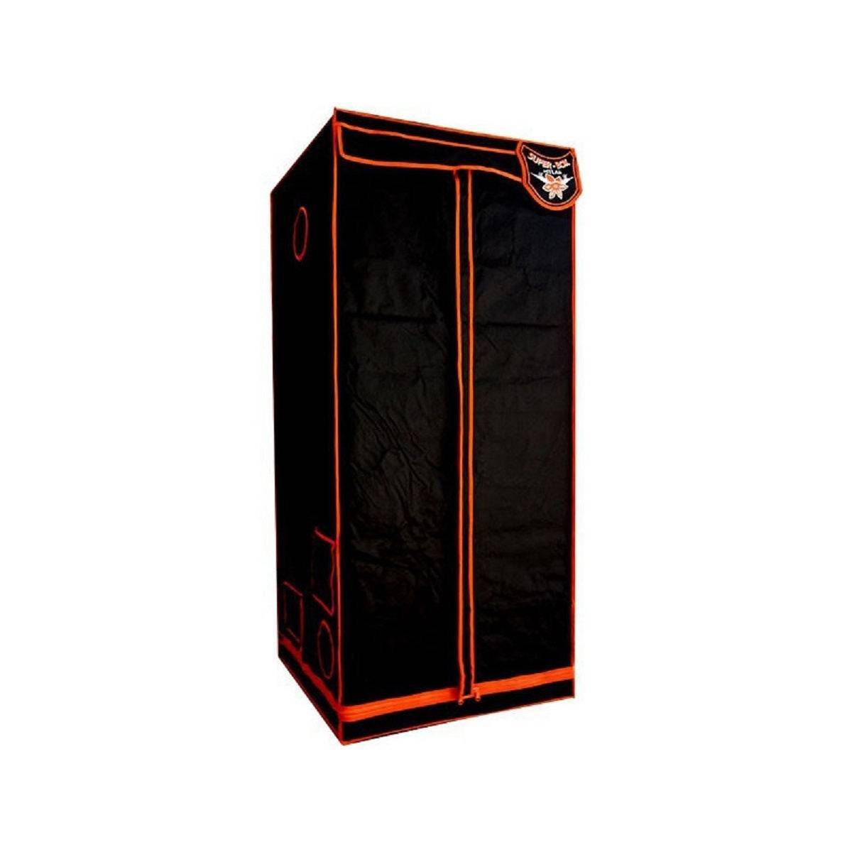 Chambre de culture indoor Superbox 80x80x180cm avec structure rigide noire et coutures orange, idéale pour la culture en intérieur.