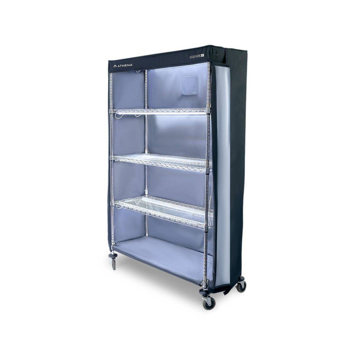 Chambre de culture Athena VPDome 122x46x183cm vide avec étagères métalliques et structure mobile sur roulettes, idéale pour la propagation.