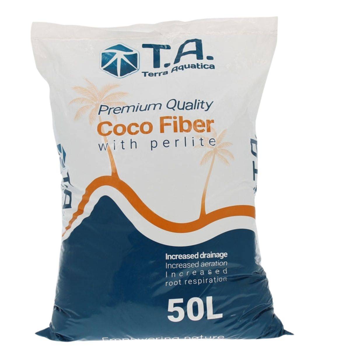 Substrat Coco Fiber with Perlite Terra Aquatica 50L, mélange 75% fibre de coco et 25% perlite pour jardinage, améliore drainage et aération racinaire.