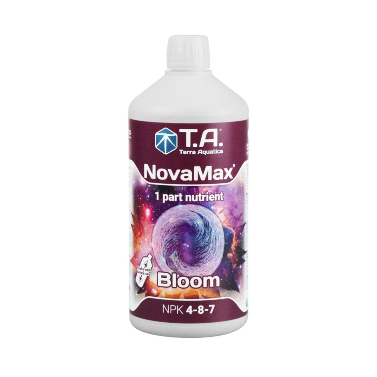 Nova Max Bloom 1l de Terra Aquatica, engrais NPK 4-8-7 pour floraison abondante en hydroponie, terre et coco. Bouteille blanche avec étiquette colorée.