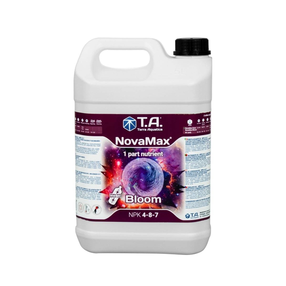 Bidon de 5 litres d'engrais Nova Max Bloom de Terra Aquatica, idéal pour la floraison en hydroponie, terre ou coco. Formule NPK 4-8-7 pour récoltes abondantes.