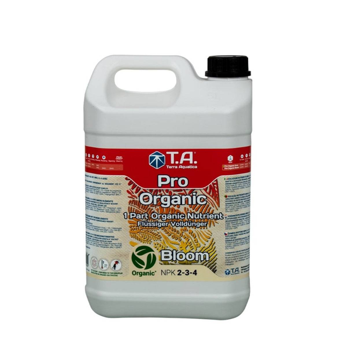 Bidon de 5L d'engrais de floraison Terra Aquatica Pro Organic Bloom, idéal pour une nutrition organique complète des plantes en floraison.