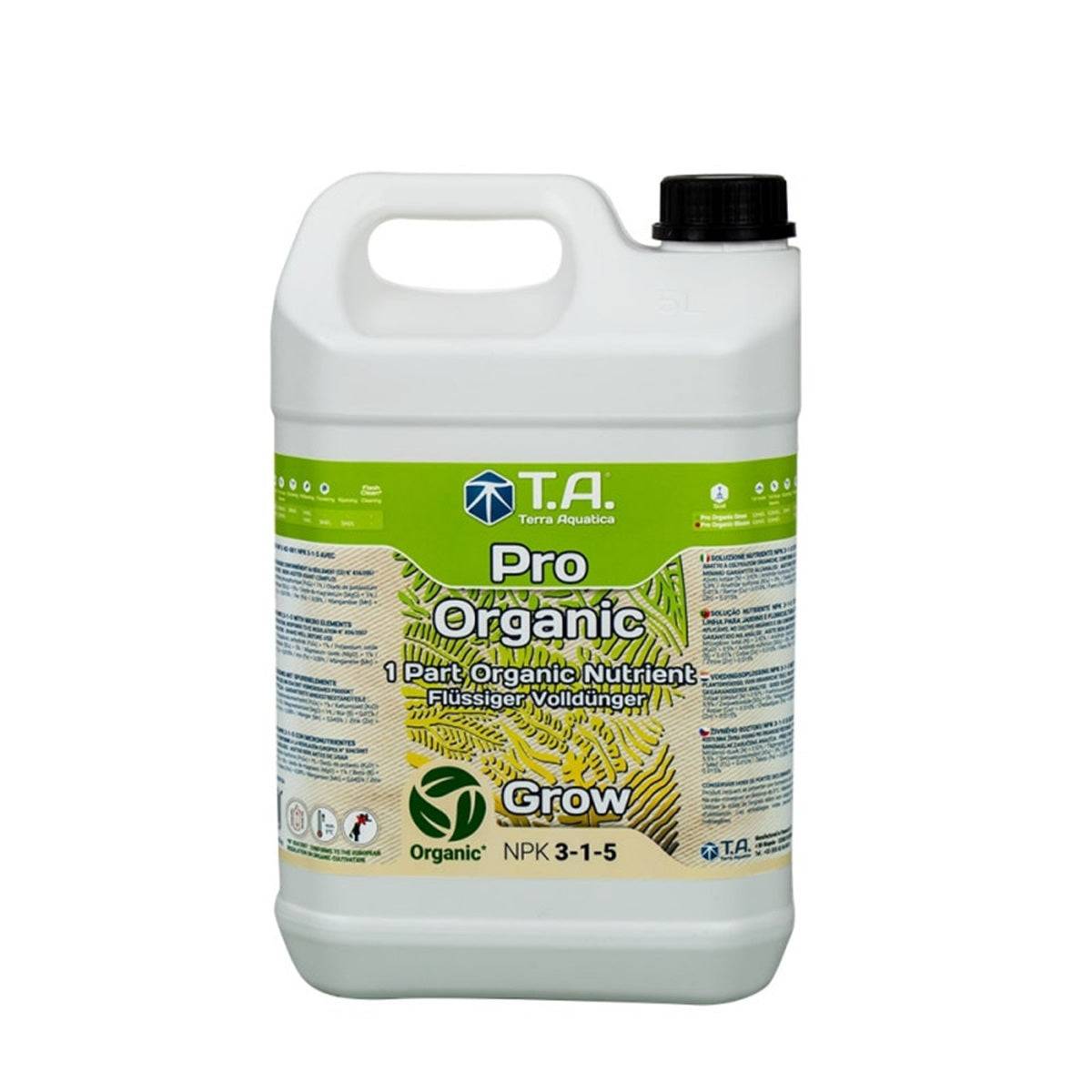 Bidon de 5L d'engrais de croissance T.A. Pro Organic Grow, enrichi en nutriments organiques pour stimuler la santé des racines et la croissance des plantes.