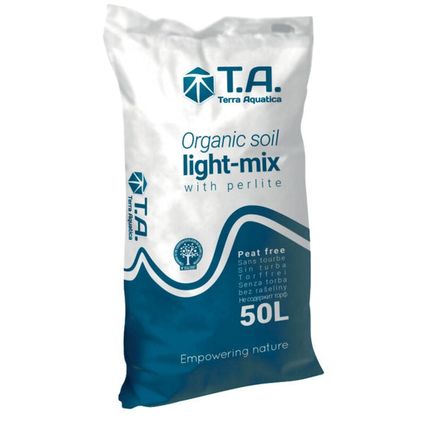 Sac de 50L de terreau Terra Aquatica Organic Soil Light-Mix avec perlite, substrat sans tourbe idéal pour semis et cultures en pot.