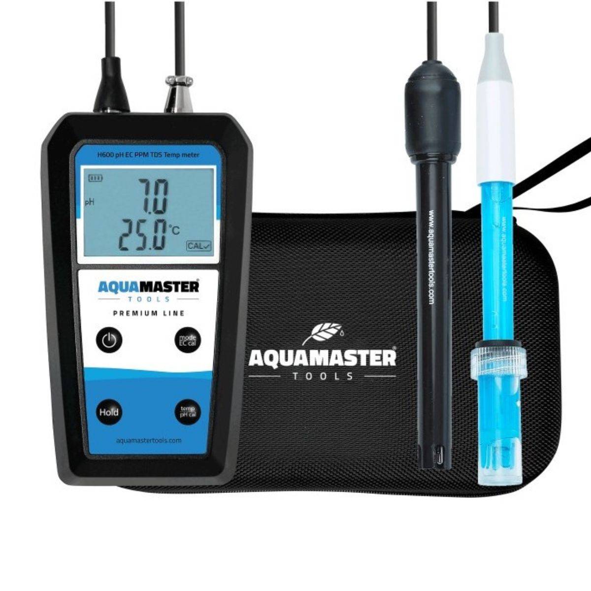 Testeur pH Aquamaster H600 Pro avec mallette de transport, affichage numérique et sondes incluses pour contrÎle EC, PPM, TDS et température.