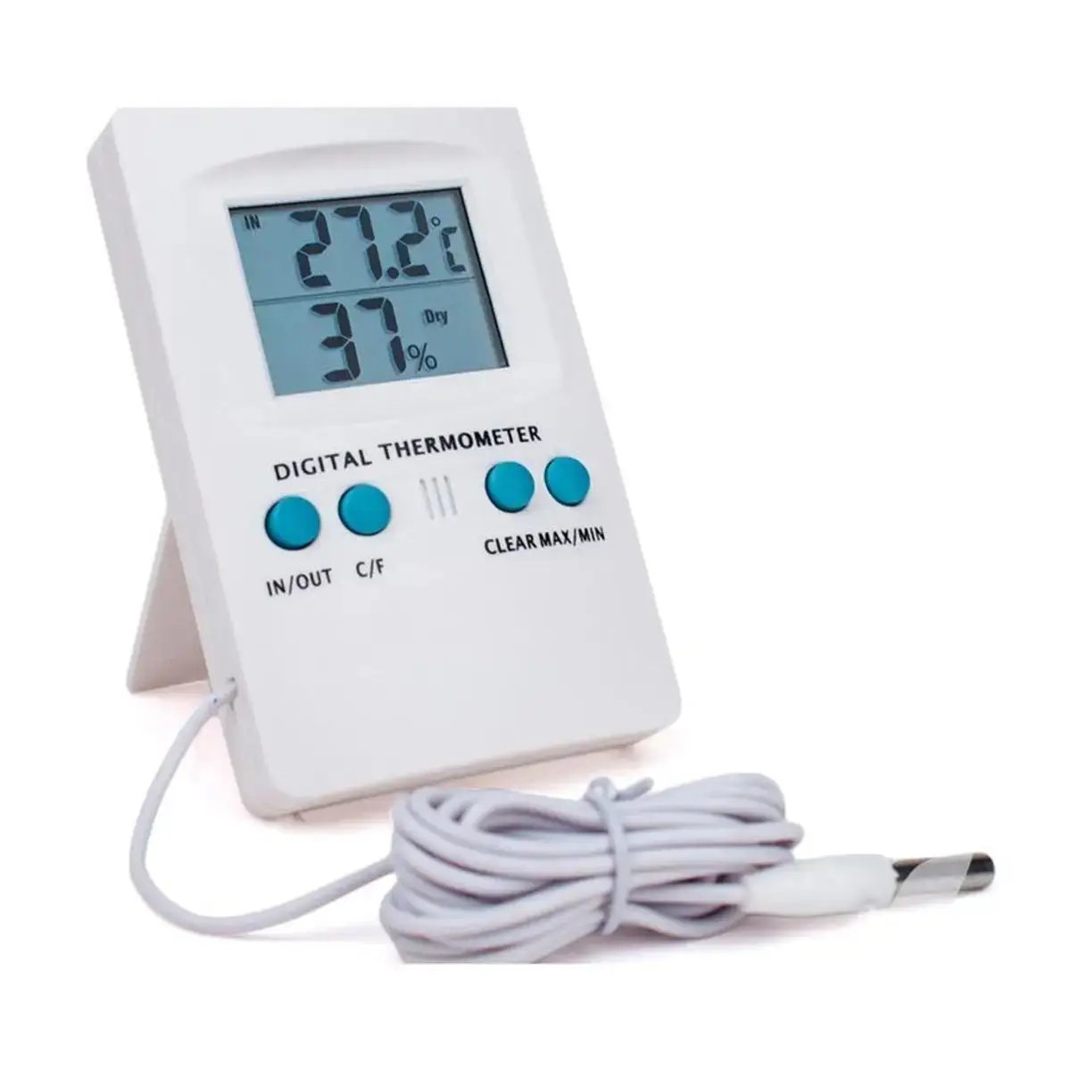 Thermomètre Hygromètre à Sonde Vanguard Hydroponics avec écran digital affichant température IN/OUT et humidité, câble de sonde 1,5m inclus.
