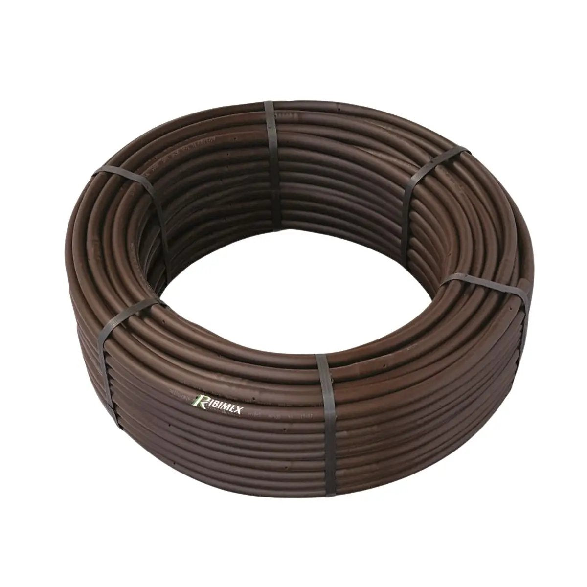 Tuyau goutteur Ribimex 25m en polyéthylène marron, diamètre 13-16mm, idéal pour irrigation goutte à goutte de potager ou serre. Espacement 33cm, débit 2 L/h.