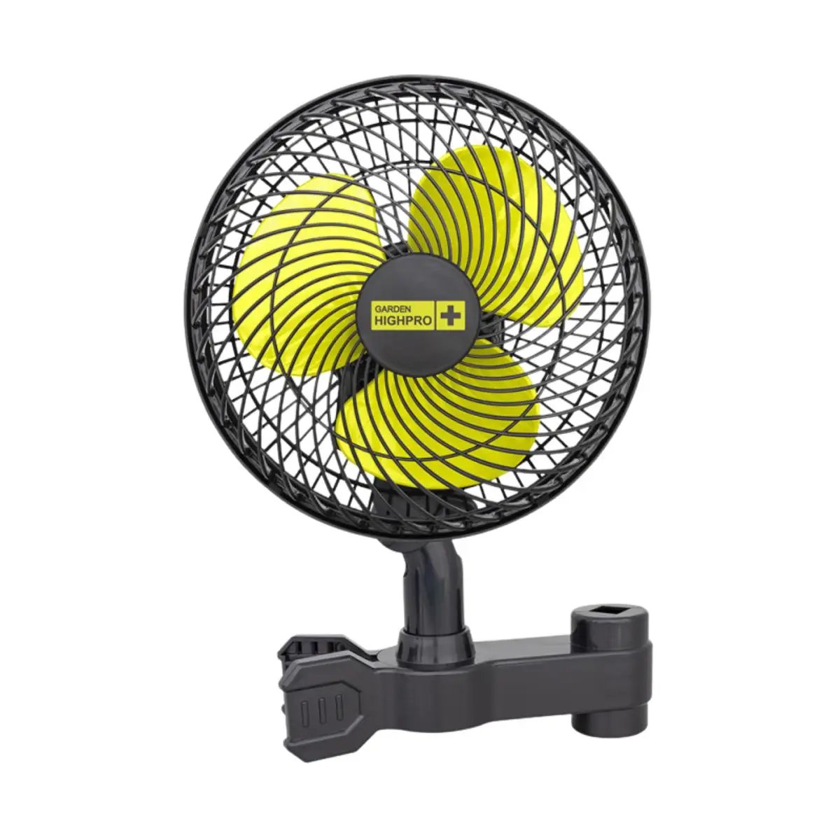 Ventilateur oscillant à clip 20cm 20W Garden Highpro avec pales jaunes et grille noire, idéal pour ventilation de plantes en culture indoor.
