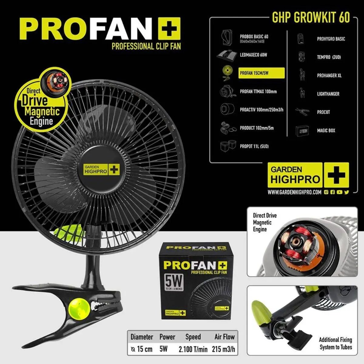 Ventilateur à pince PROFAN+ 5W du kit Garden HighPro Growkit 60, moteur magnétique pour une circulation d'air constante.