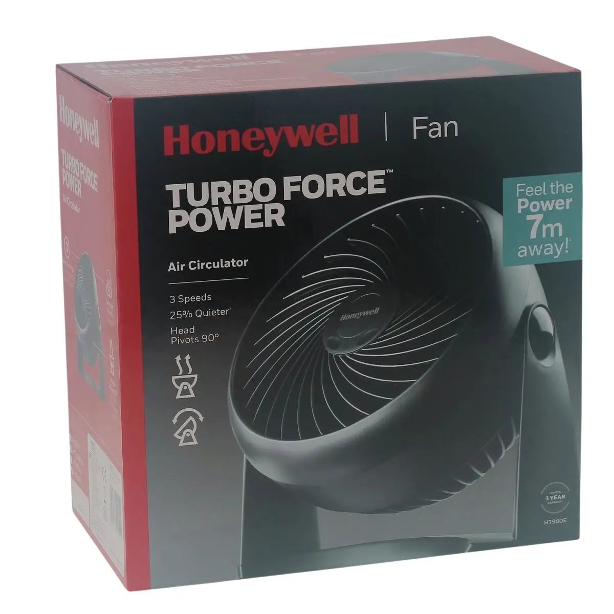 Emballage du ventilateur TurboForce Noir â 3 vitesses, 30W, avec portĂ©e de 7m, inclinaison rĂ©glable et fonctionnement silencieux. Garantie 3 ans.