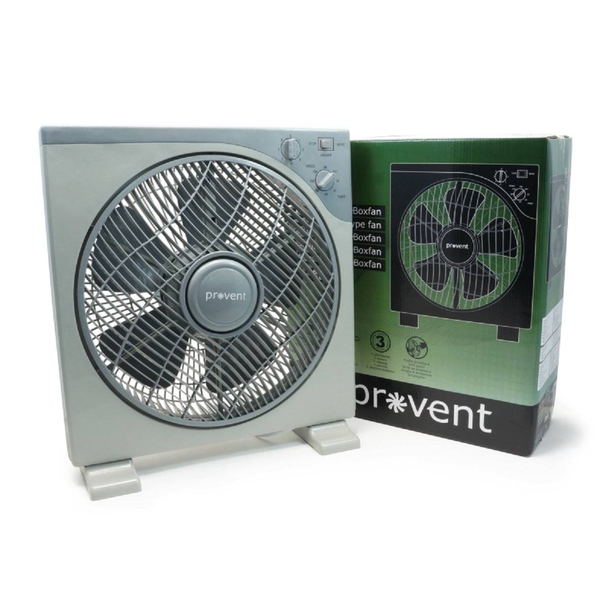 Ventilateur The Pure Factory Box Fan Pro-Vent 40W avec son emballage, modĂšle plat Ă grille rotative pour culture indoor.