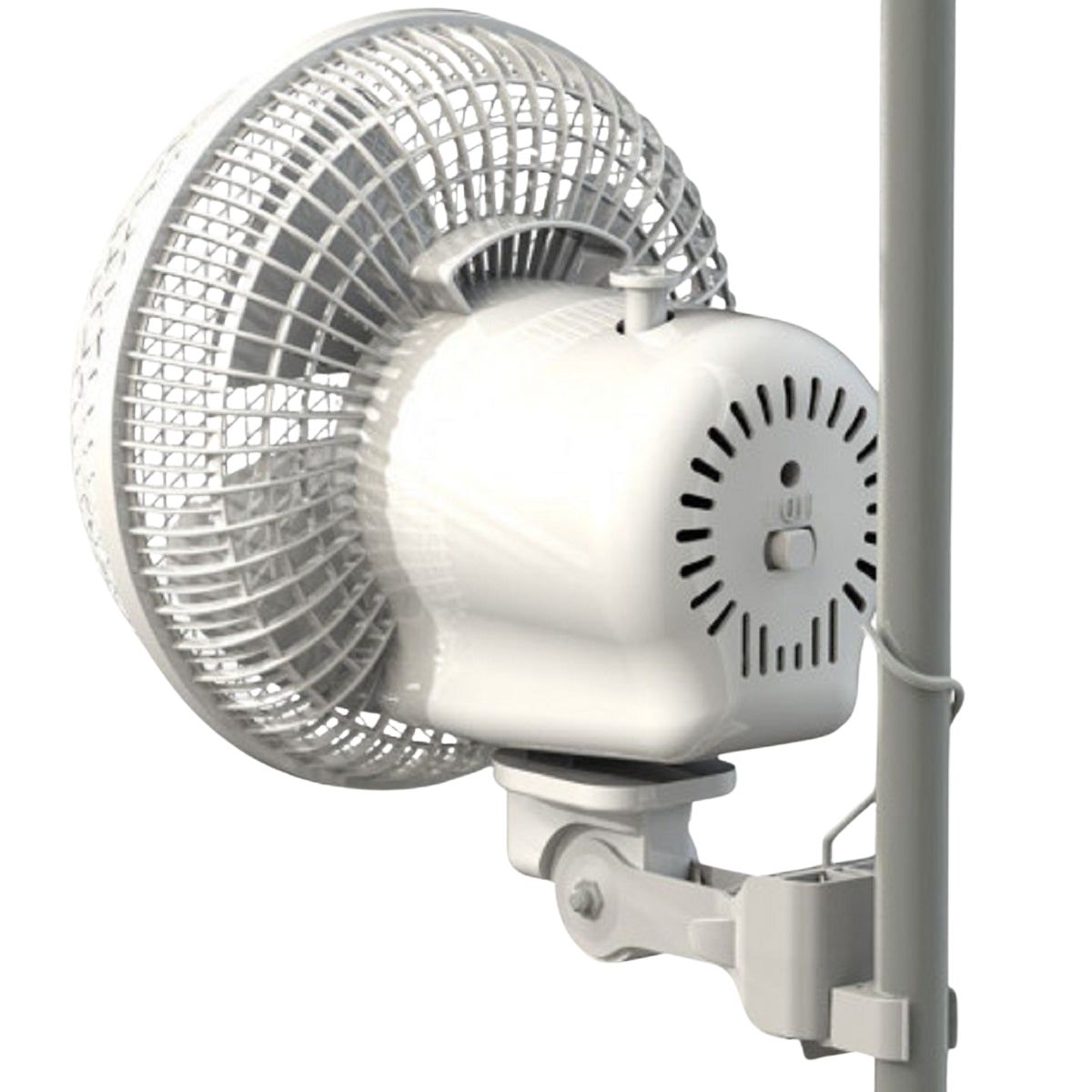 Vue arriĂšre du ventilateur Monkey Fan avec moteur et fixation robuste.